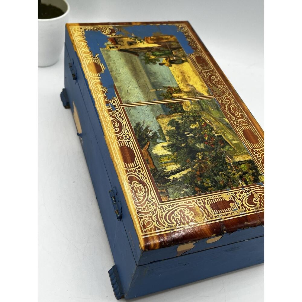 Vintage Cedar Wood Box Hinged Lid Decoupage Mediterranean Scene Blue Paint AS IS - Picture 12 of 14